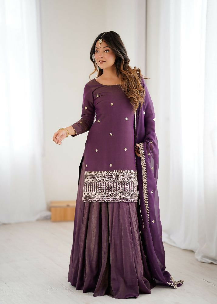 Teeya Creation Wine Color Roman Shimmer Silk Party Wear Palazzo Set