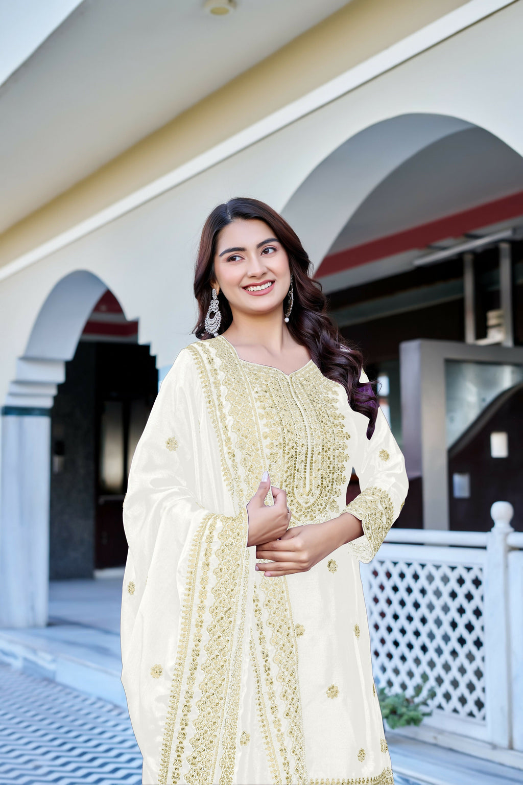 Teeya Creation White Color Chinon Silk Heavy Embroidery Work Wedding Wear Sharara