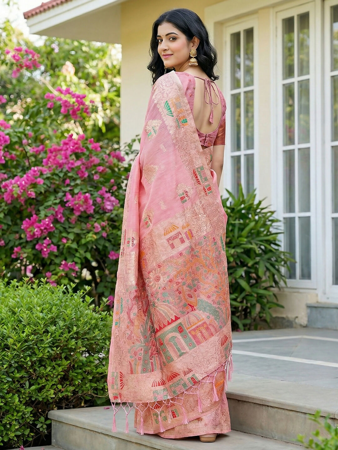 Shree Shyam Fashion Pink Linen Cotton Saree