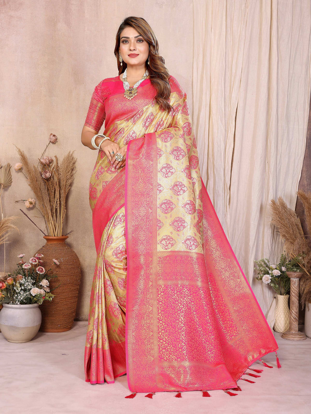 Aastha Fashion Yellow Banarasi Tissue Silk Weaving Saree