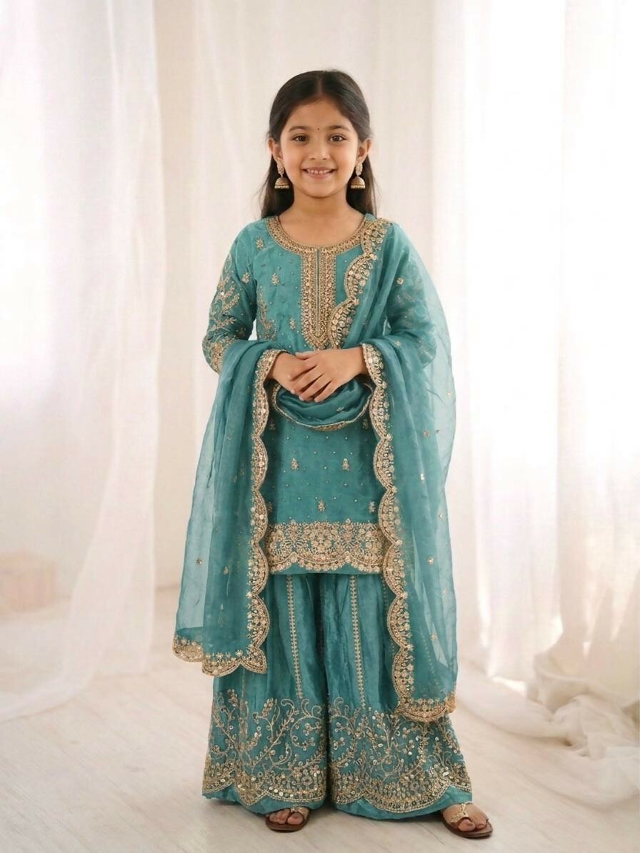 Teeya Creation Girls Heavy Embroidery Turquoise Ethnic Kurta And Palazzo Set With Net Dupatta