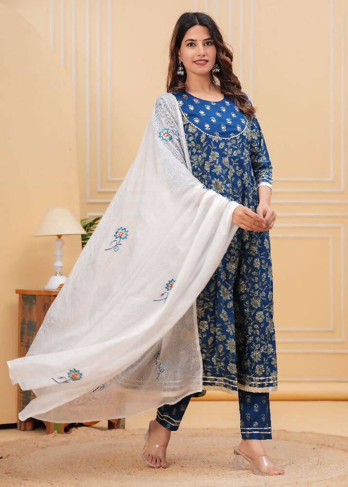 Jaimini Women Cotton Printed Round Neck Calf Length Flared Kurta Pant And Dupatta Set