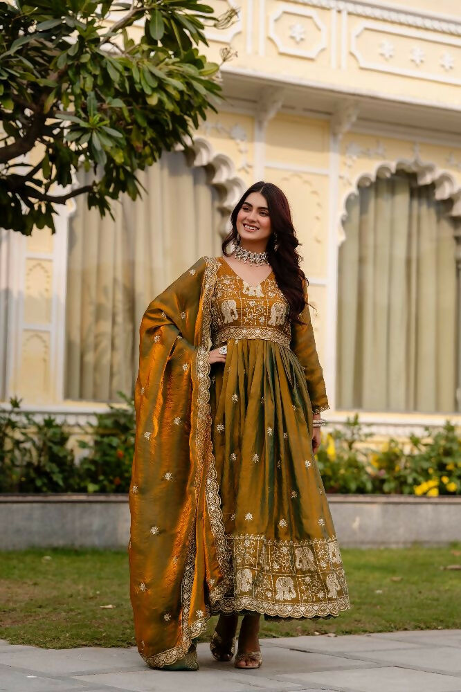 Teeya Creation Mehendi Primium Fendy Satin Silk Embroidery Work Wedding Wear Gown