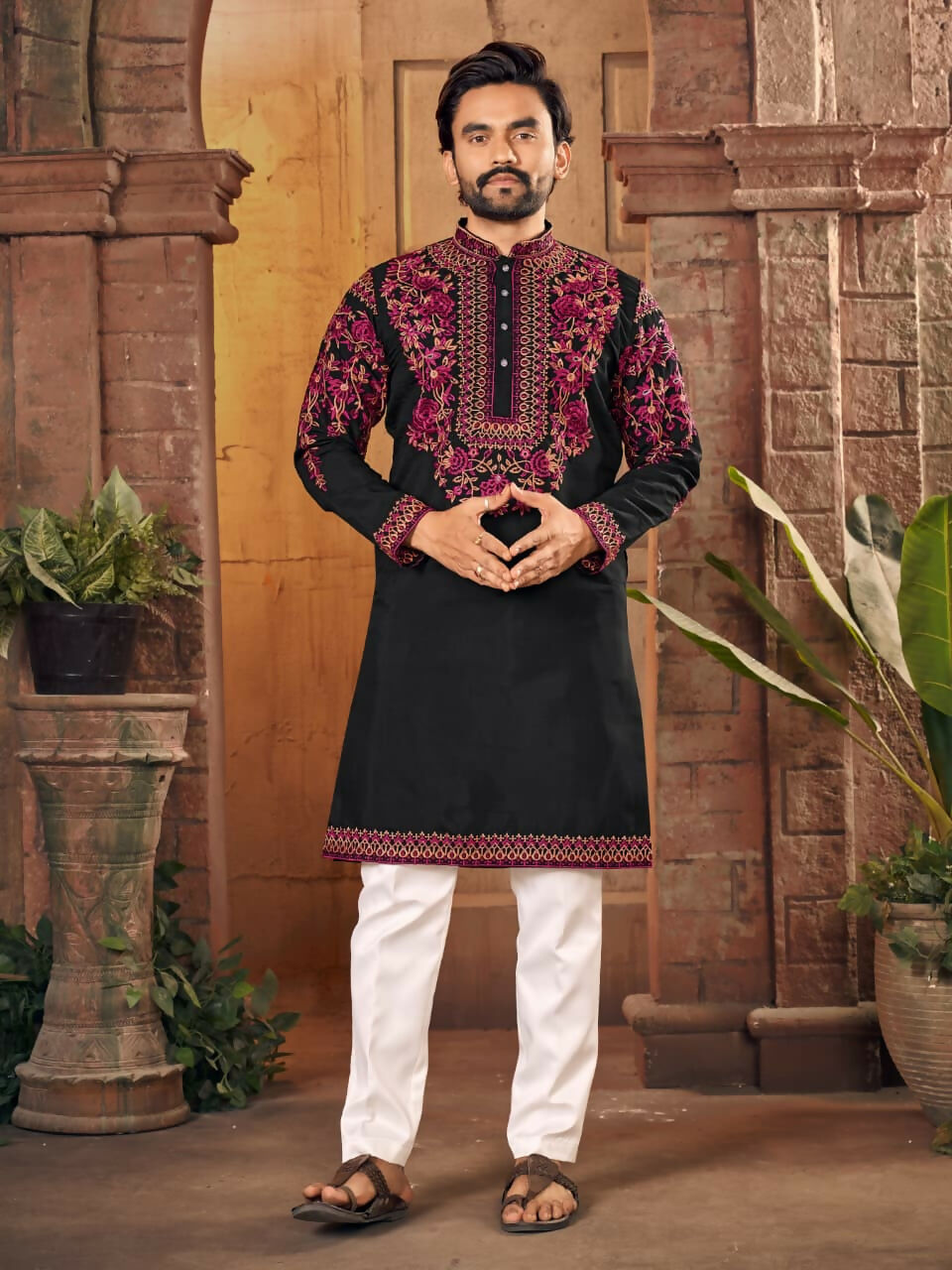 Anaita Black Multi Thread Work Silk Straight Kurta