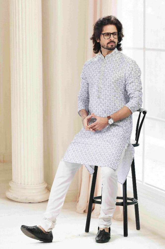 Raivat Ethnic Cotton Thread Work Kurta Pajama In Grey Colour