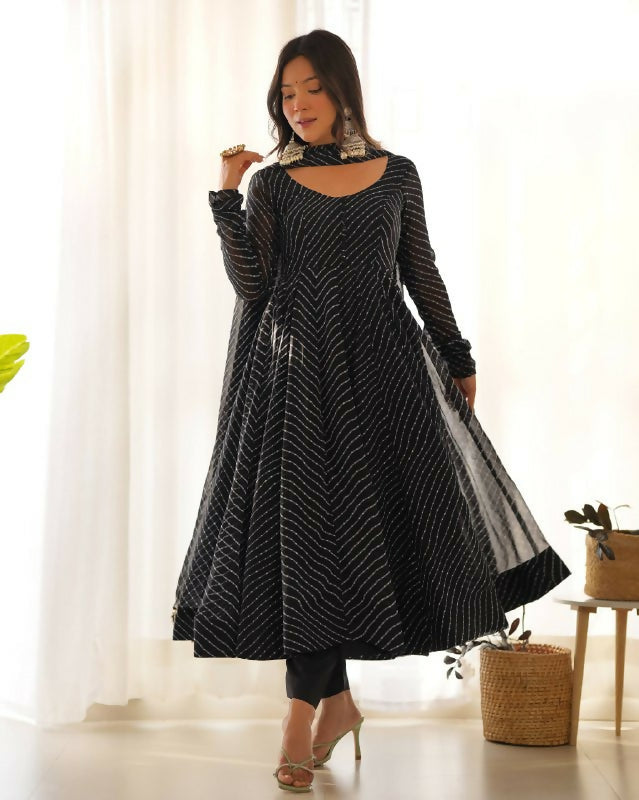 Lehenga Mart Designer Anarkali Suit With Kurta, Pant, Dupatta For Women-Black
