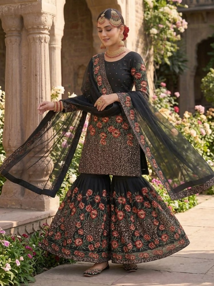 Teeya Creation Black Fendy Silk Heavy Embroidery Work Party Wear Sharara Suit