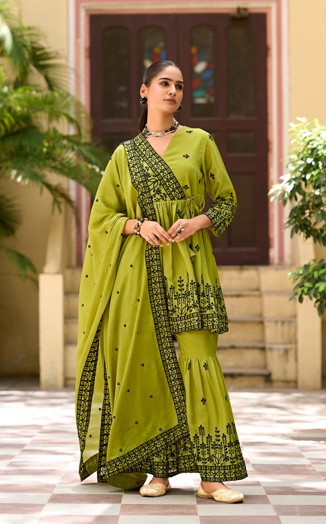 Anaita Mehendi Chinon Readymade Sharara Suit with Embroidery Work