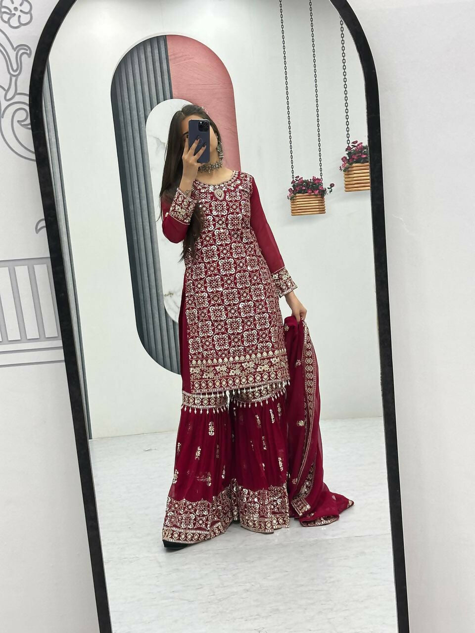 Teeya Creation Womens New Heavy Fox Georgette Fabric With Heavy Embroidery Work Red Kurta Set