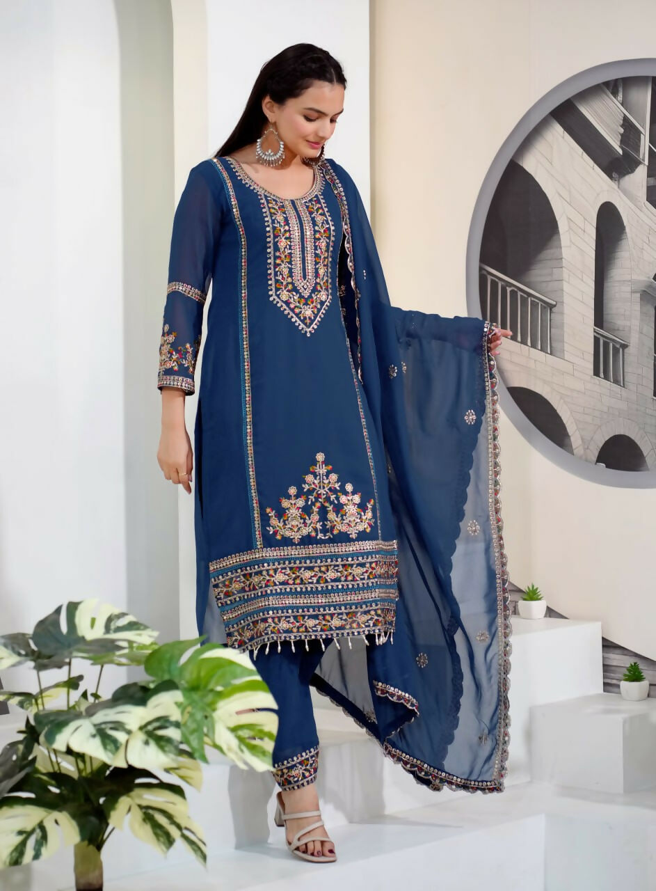 Joban Fashion Blue Georgette Embroidered Kurti Set