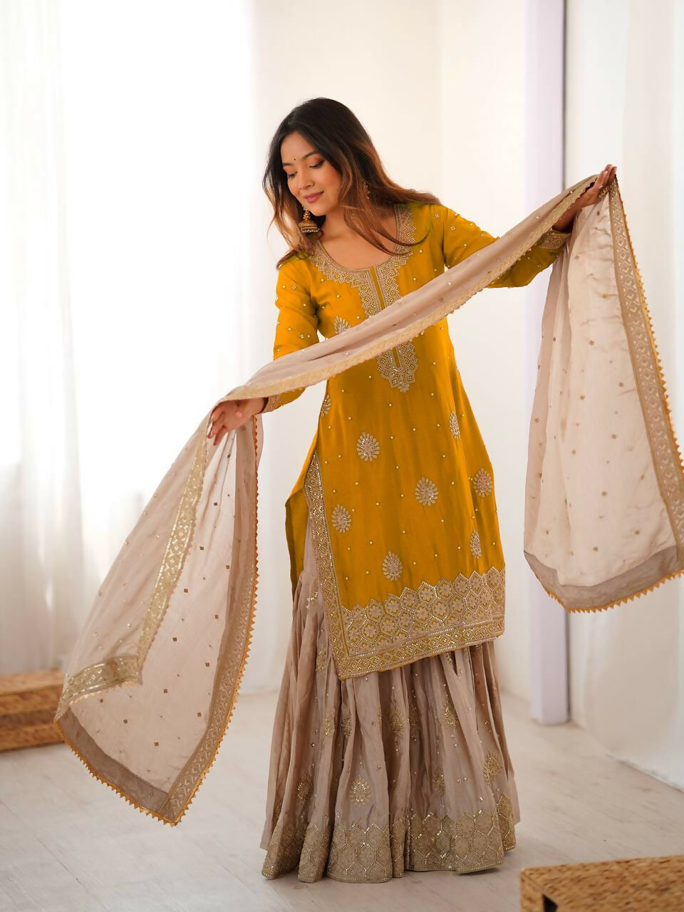 Lehenga Mart Designer Sharara Suit With Kurta, Sharara, Dupatta For Women-Yellow