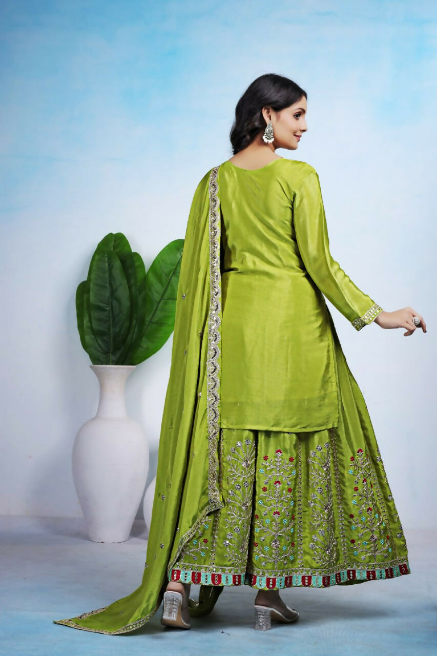 Teeya Creation Parrot Green Color Chinon Silk Wedding Wear Trending Palazzo Set