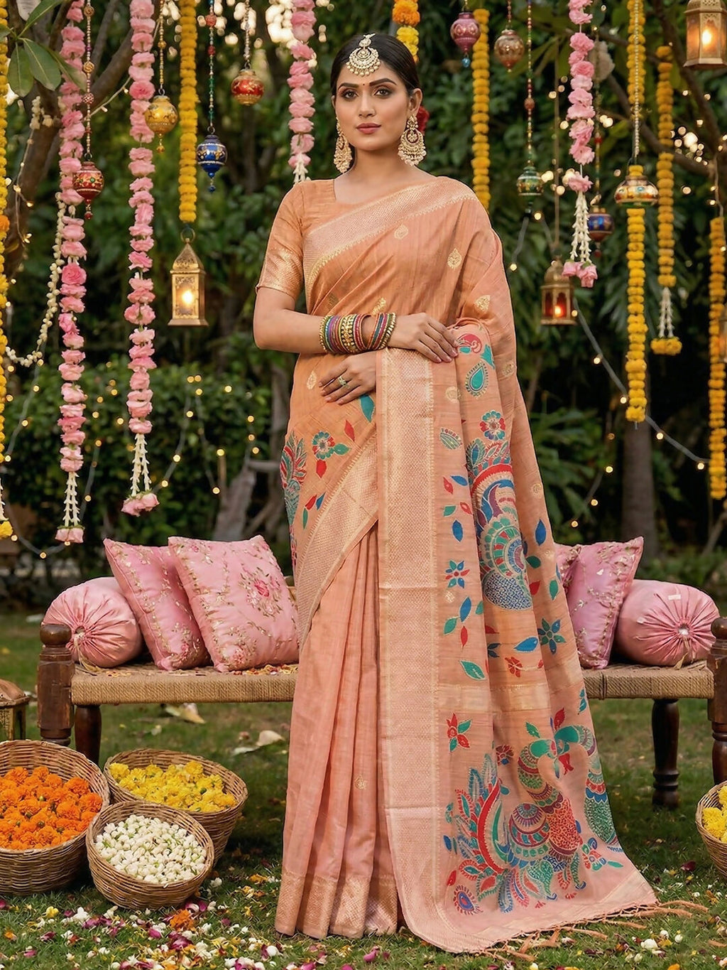 Shree Shyam Fashion Peach Linen Cotton Saree