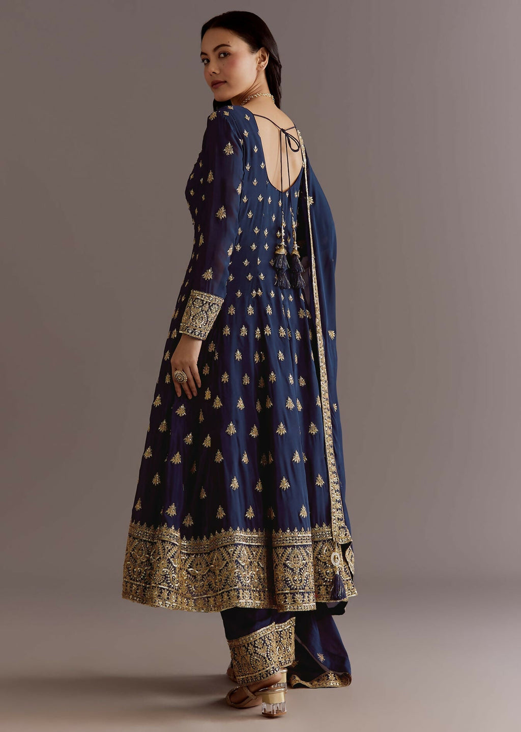 Teeya Creation Blue Color Chinnon Silk Embroidery Work Gown
