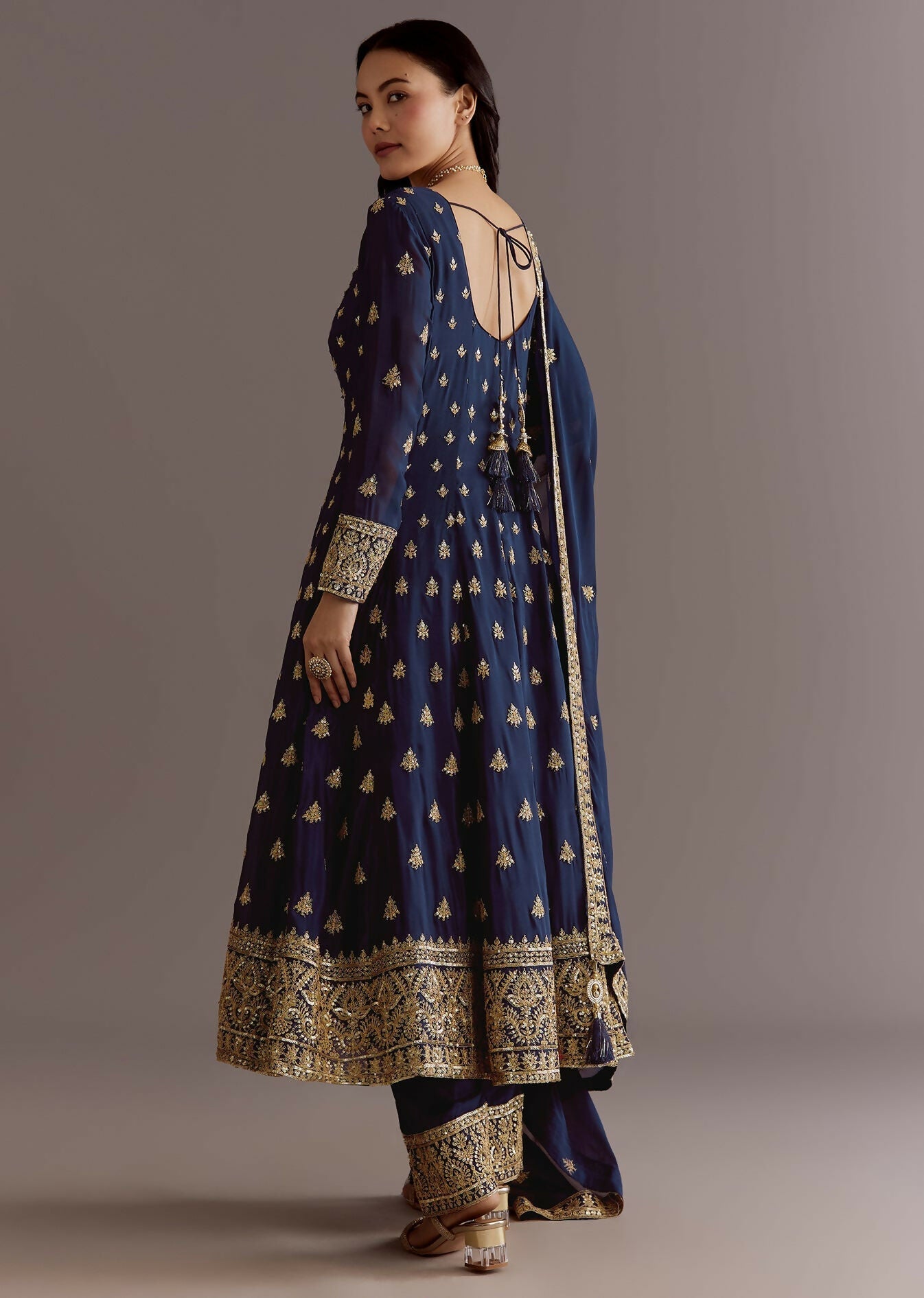 Teeya Creation Blue Color Chinnon Silk Embroidery Work Gown