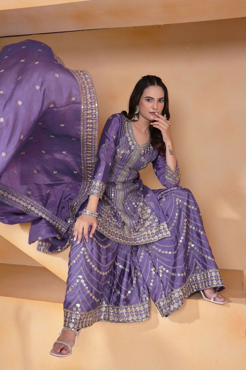 Joban Fashion Purple Silk Embroidered Sharara Set