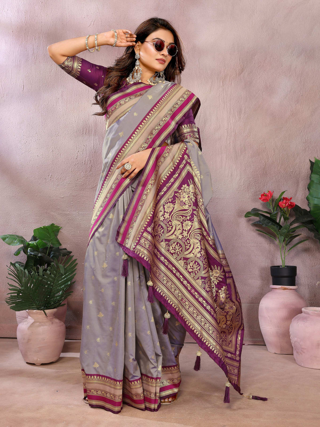 Aastha Fashion Grey Kalamkari Silk Weaving Saree