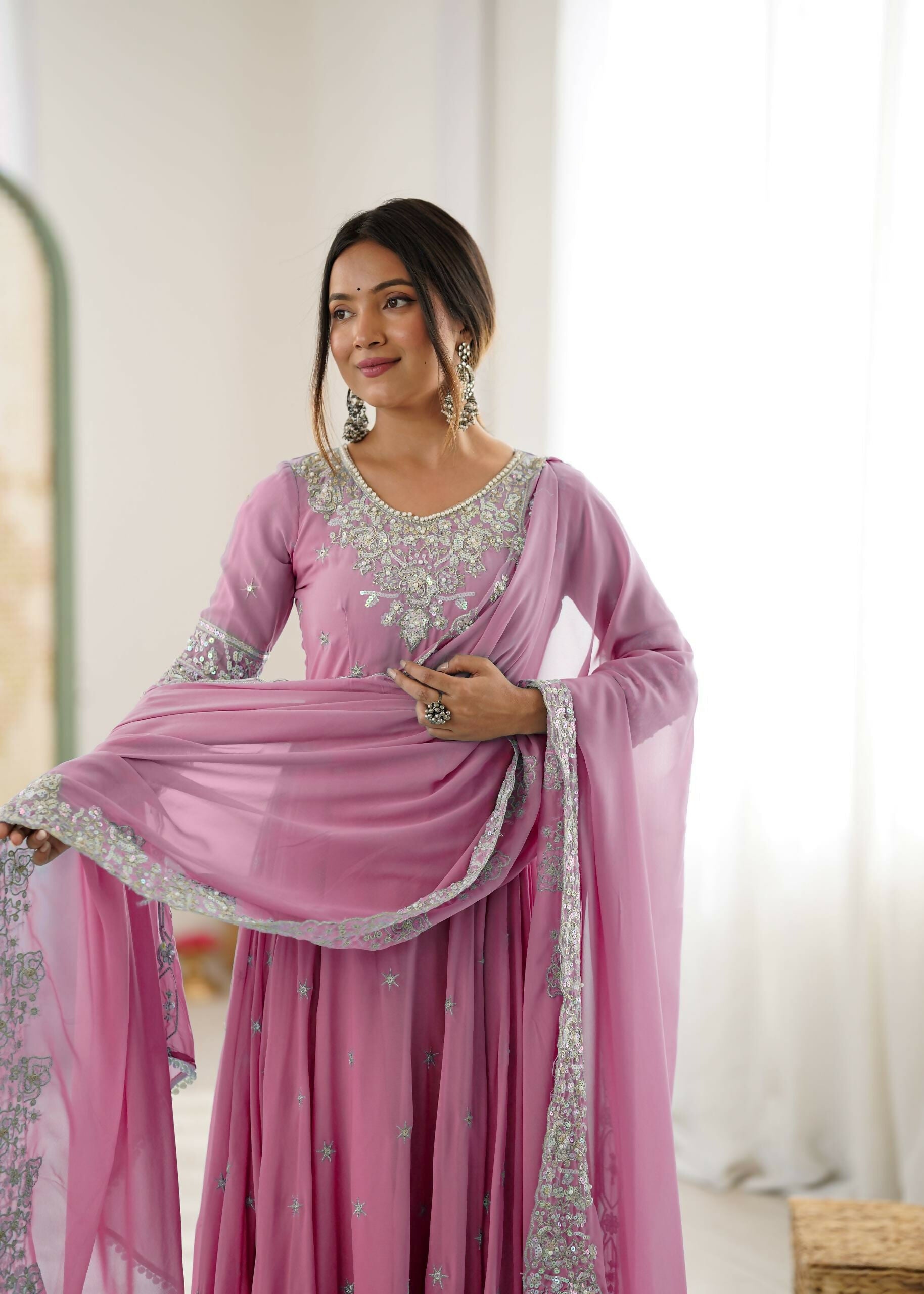 Teeya Creation Baby Pink Color Faux georgette Embroidery Work Wedding Wear Gown
