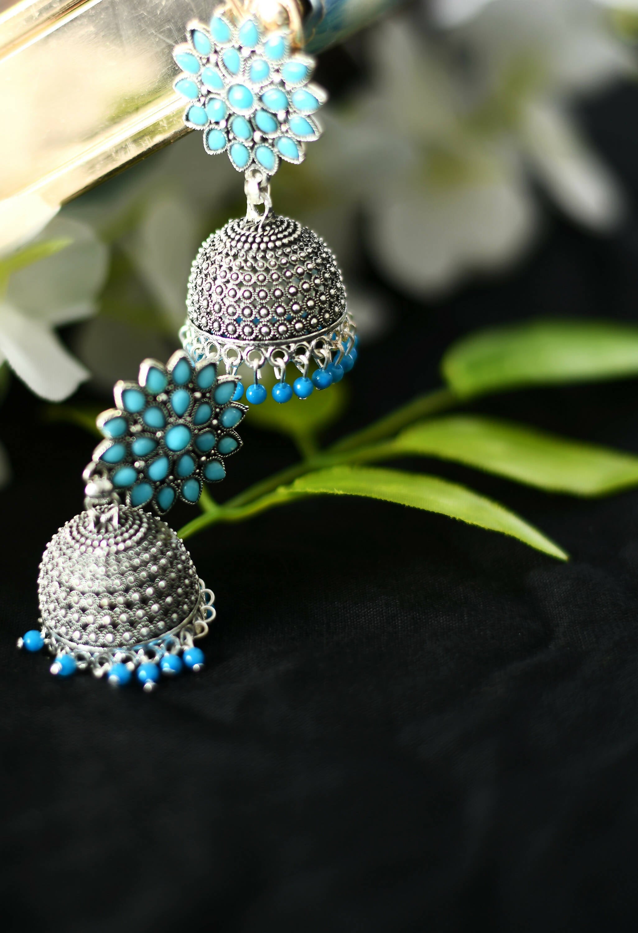 Mominos Fashion Joharkamal Kundan work Jhumka with Sky Blue Beads
