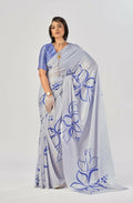 Vastranavya Sea Blue Satin Silk Elegant Printed Saree with Unstitched Blouse