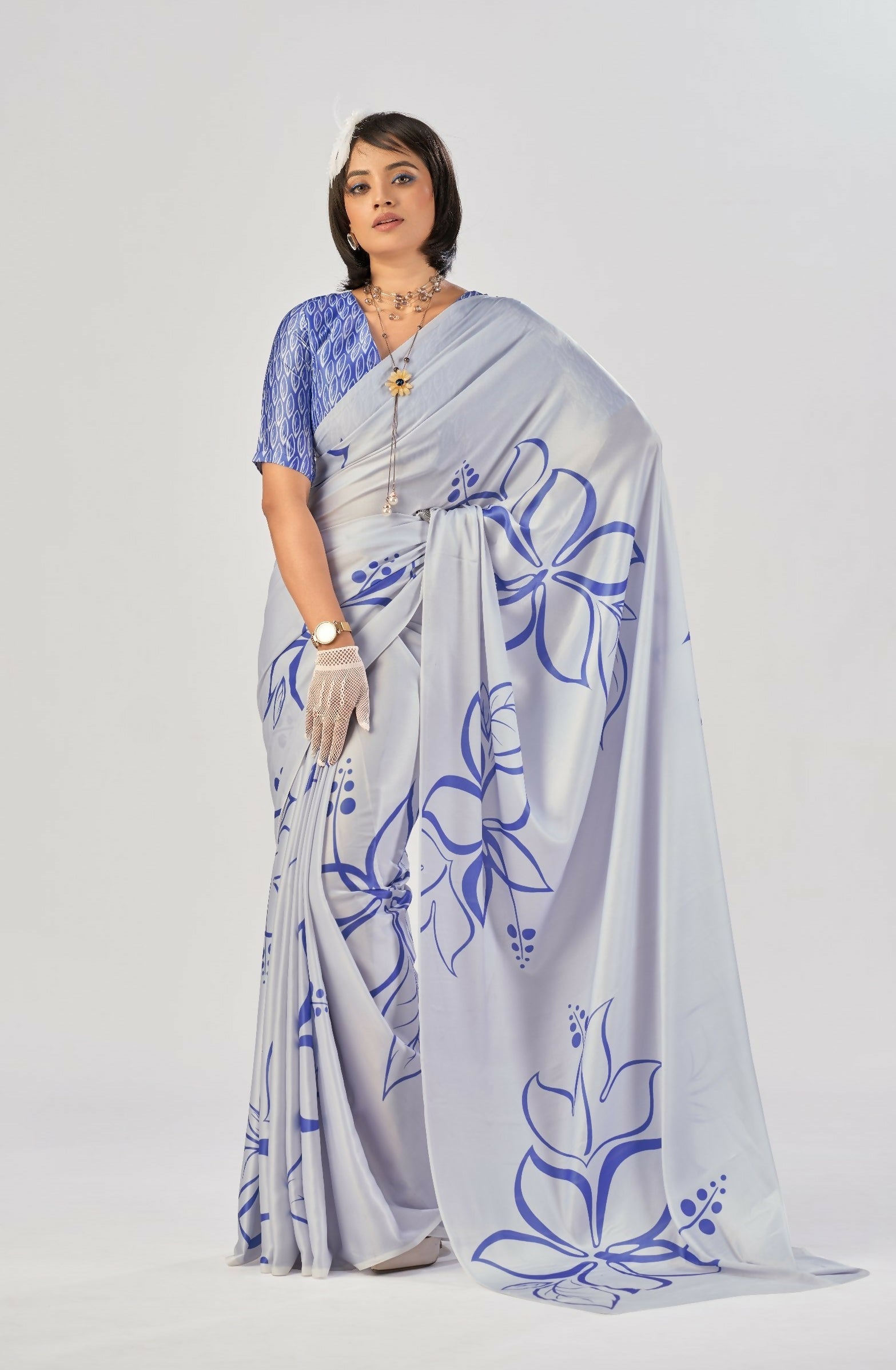 Vastranavya Sea Blue Satin Silk Elegant Printed Saree with Unstitched Blouse