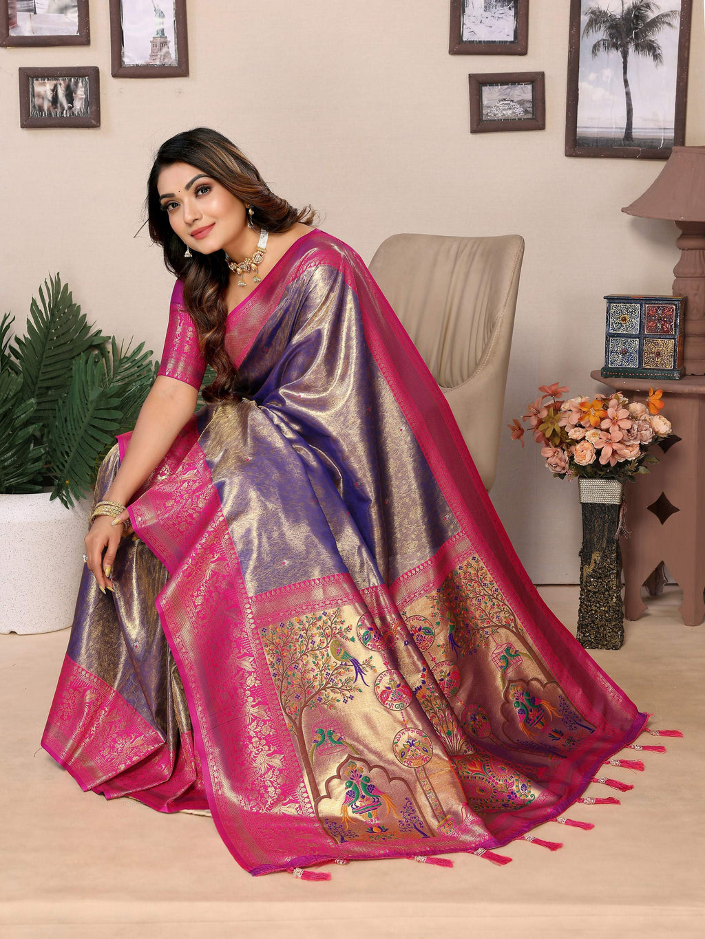 Aastha Fashion Purple Tissue Silk Weaving Saree