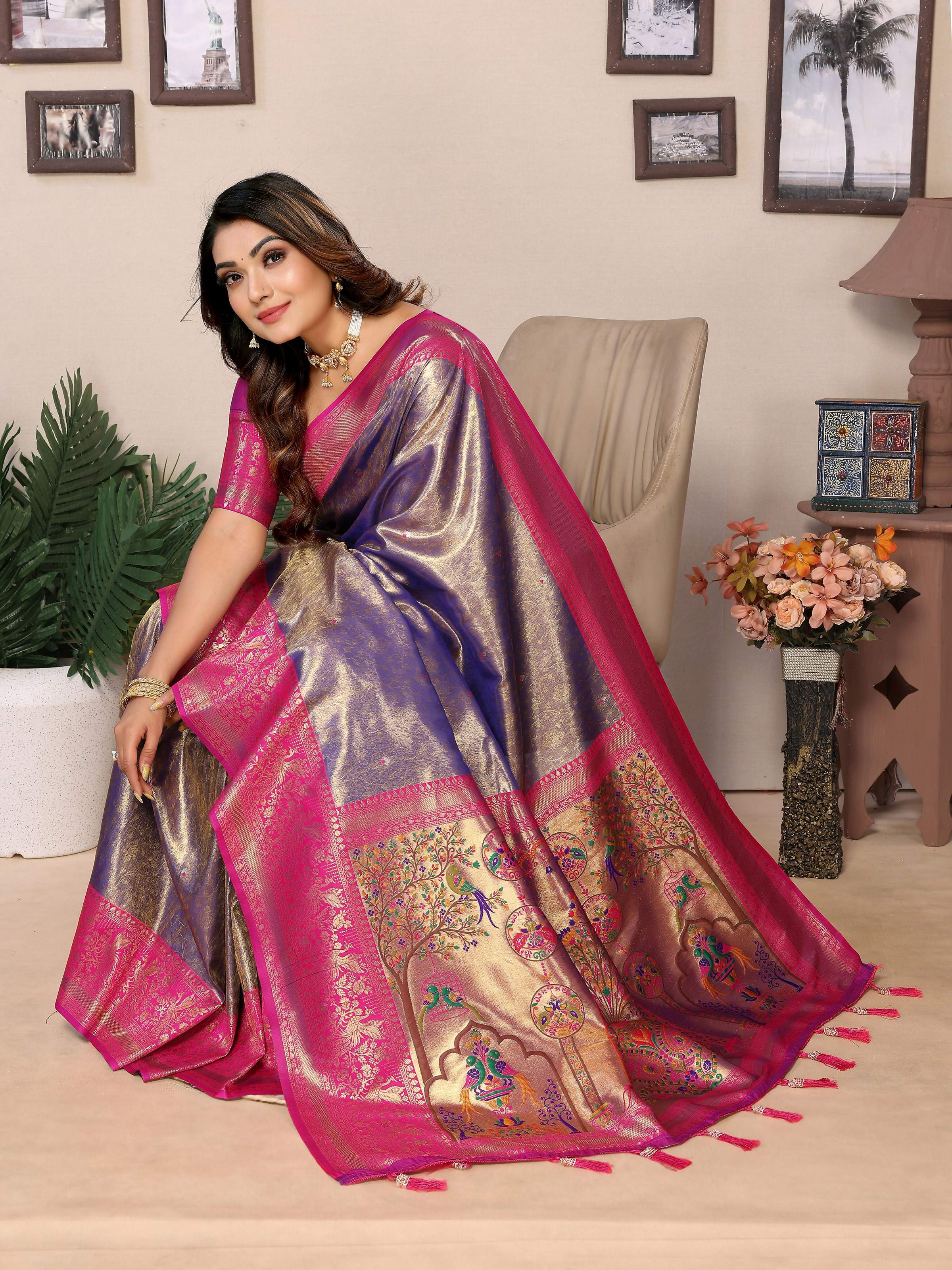 Aastha Fashion Purple Tissue Silk Weaving Saree