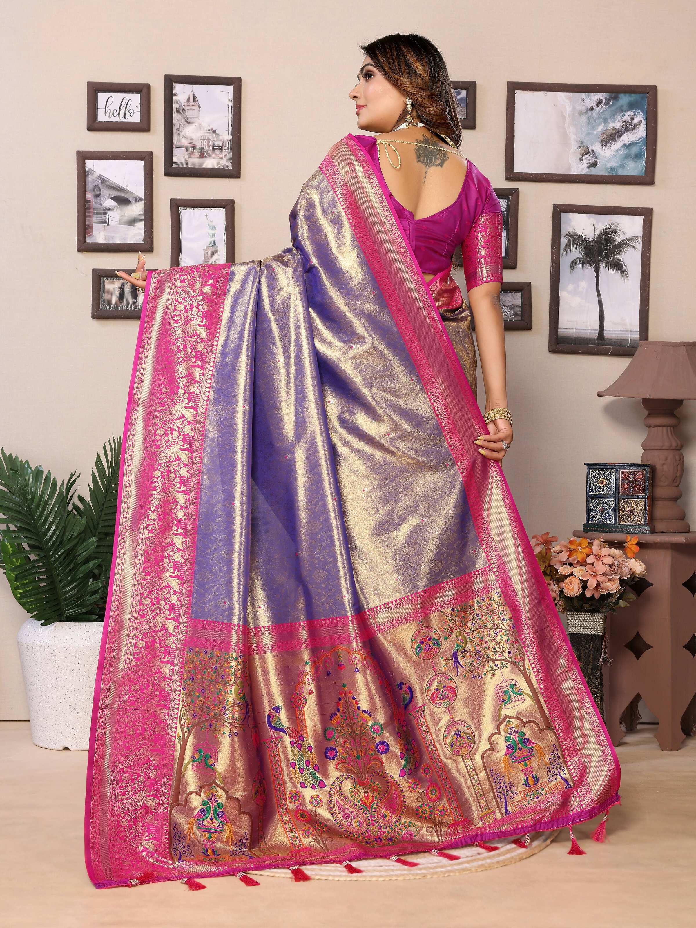 Aastha Fashion Purple Tissue Silk Weaving Saree