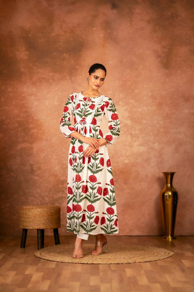 Joban Fashion Red Rose Floral Hand Block Printed Cotton Kurta Pant Set