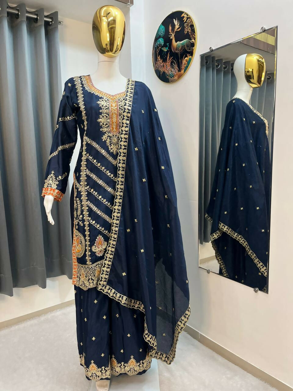 Teeya Creation Blue Color Chinon Silk Party Wear Trending Palazzo Set