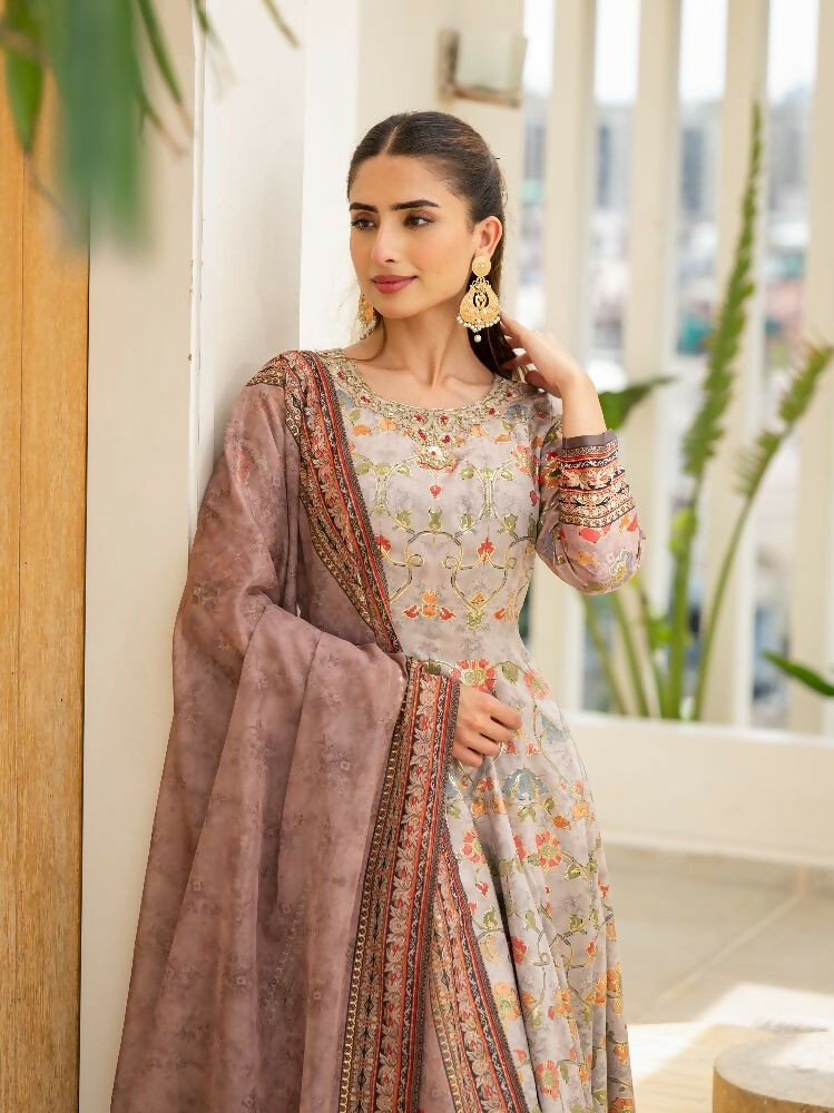 Functional Designer Grey Jam Silk Anarkali suit with Dupatta-Anbazaar
