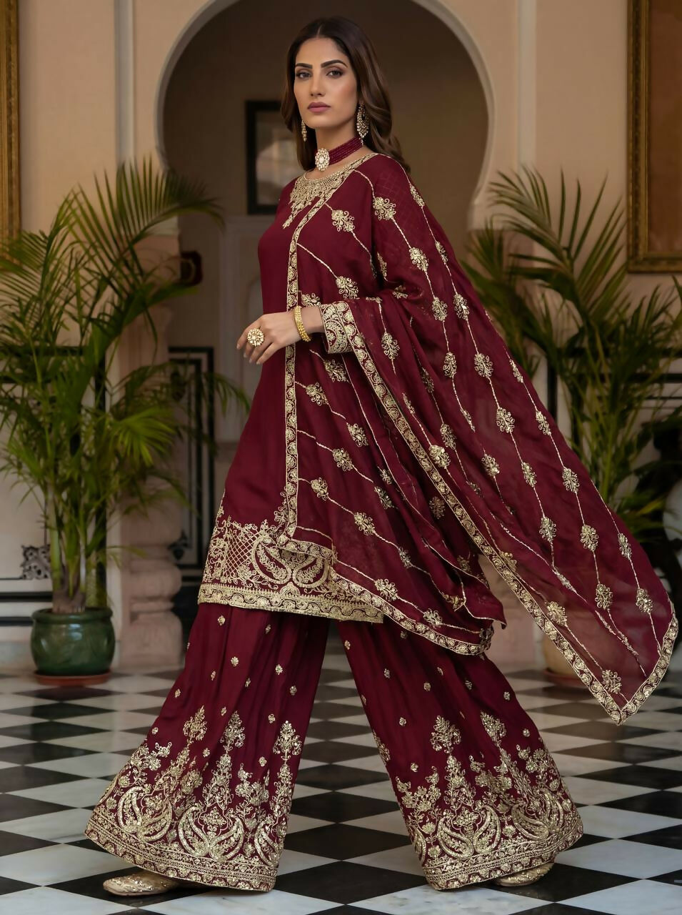 Teeya Creation Maroon Chinon Silk Designer Wedding Wear Embroidery Work Palazzo