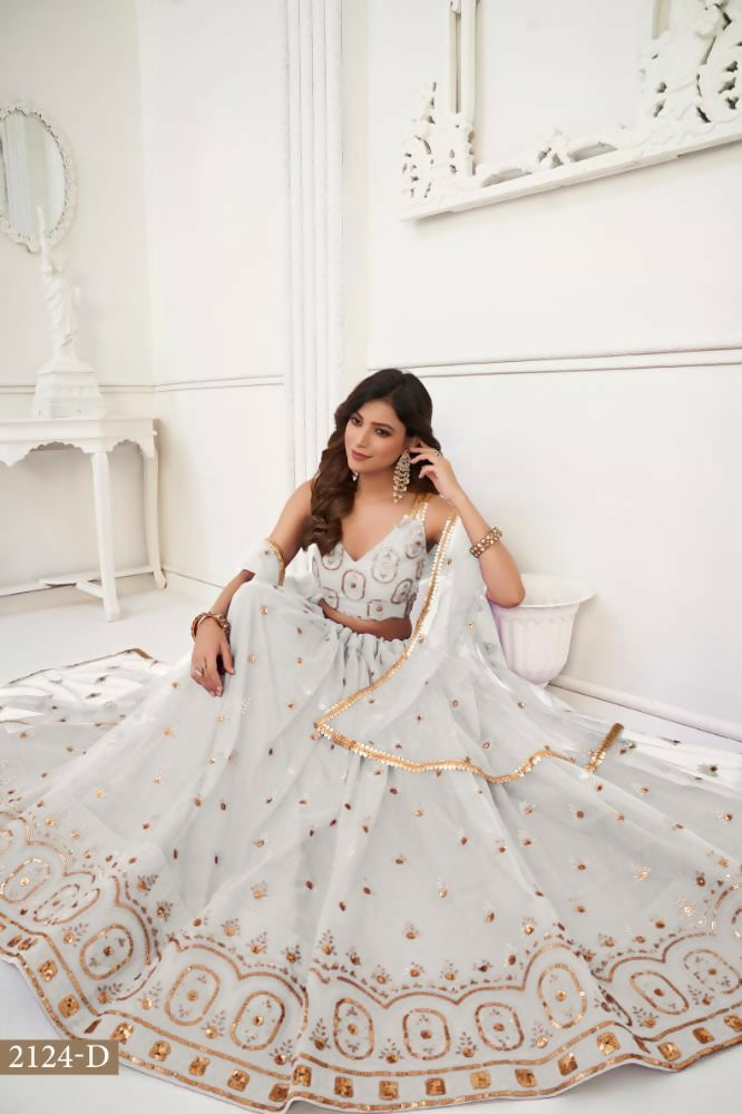 Aastha Fashion Off White Butterfly Net Tone To Tone Thread Work And Sandwich Sequence Work Embroidery Wedding Wear Lehenga Choli