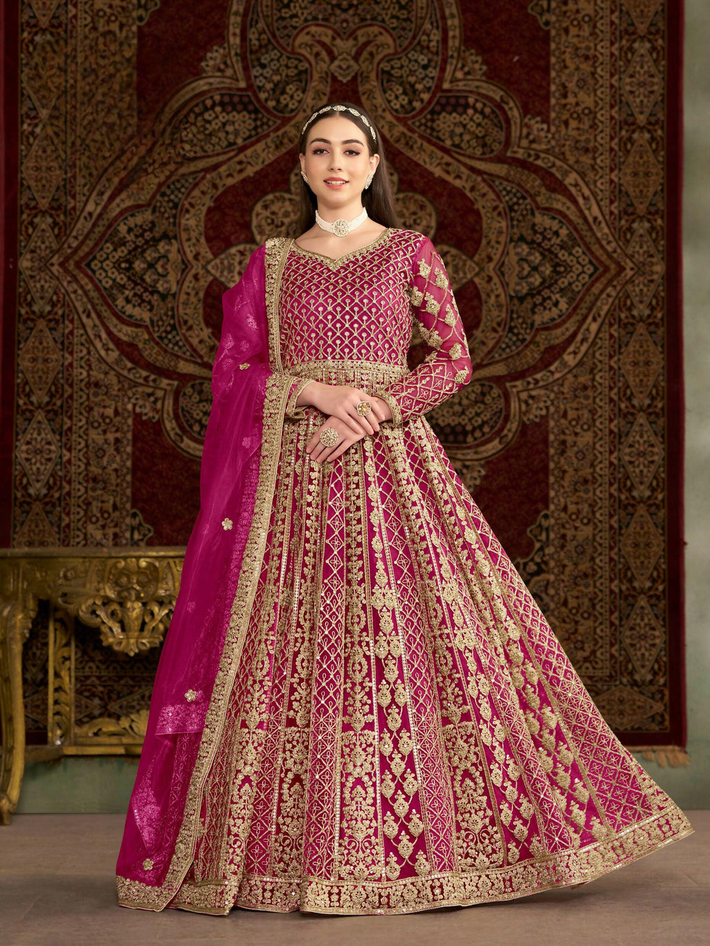 Anaita Rani Pink Embroidered Net Stitched Anarkali Suit