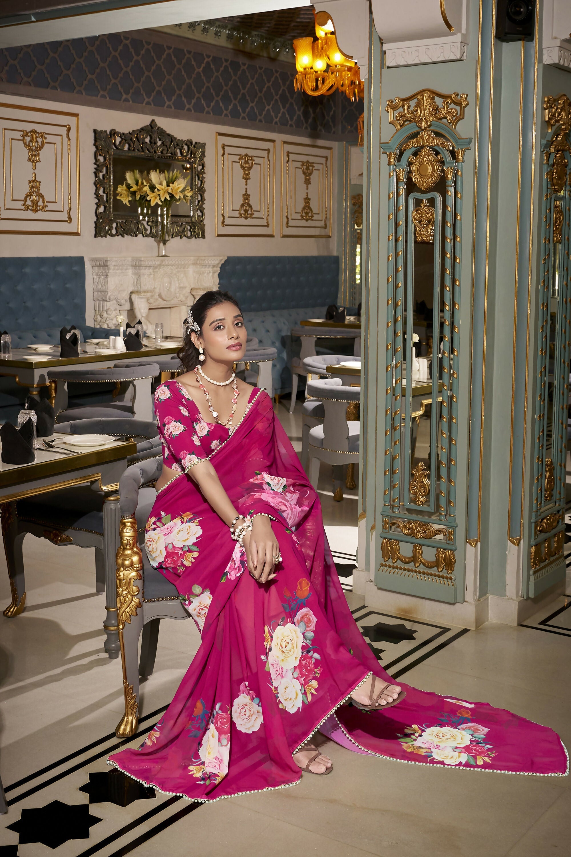 Vastranavya Pink Spectacular Georgette Printed with Pearl Lace Saree with Unstitched Blouse