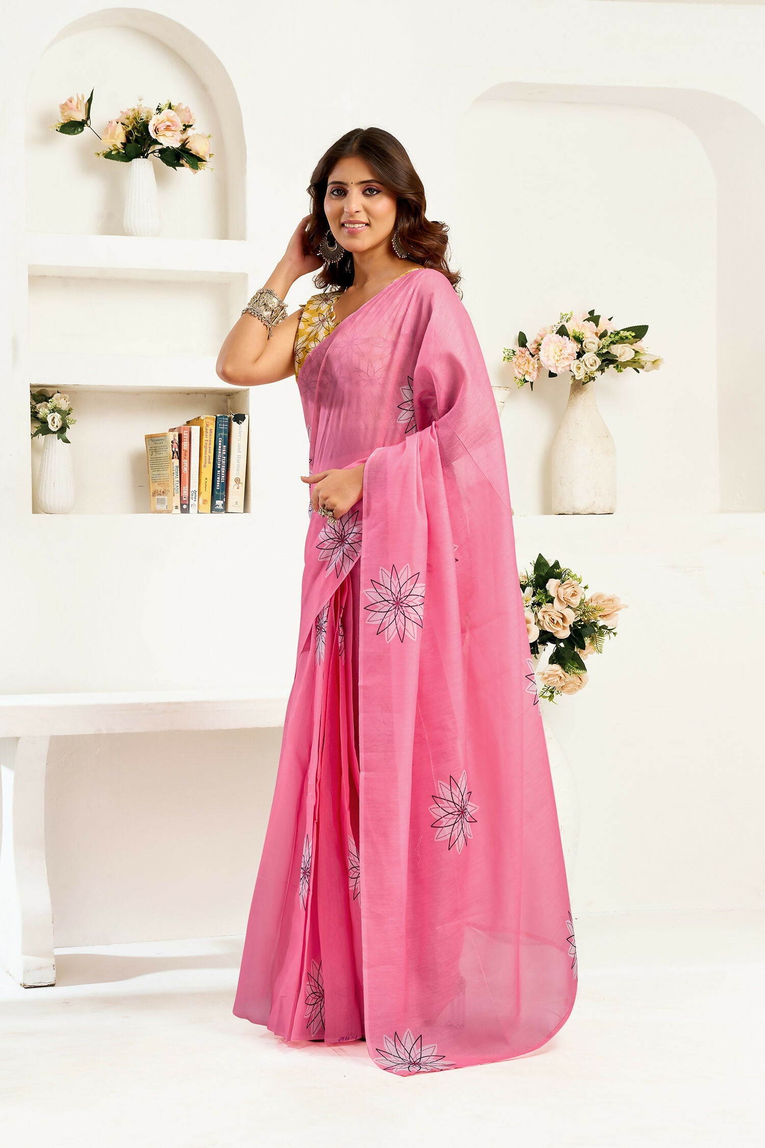 Joban Fashion Baby Pink Geomatric Linen Ready To Wear Saree With Unstitched Blouse