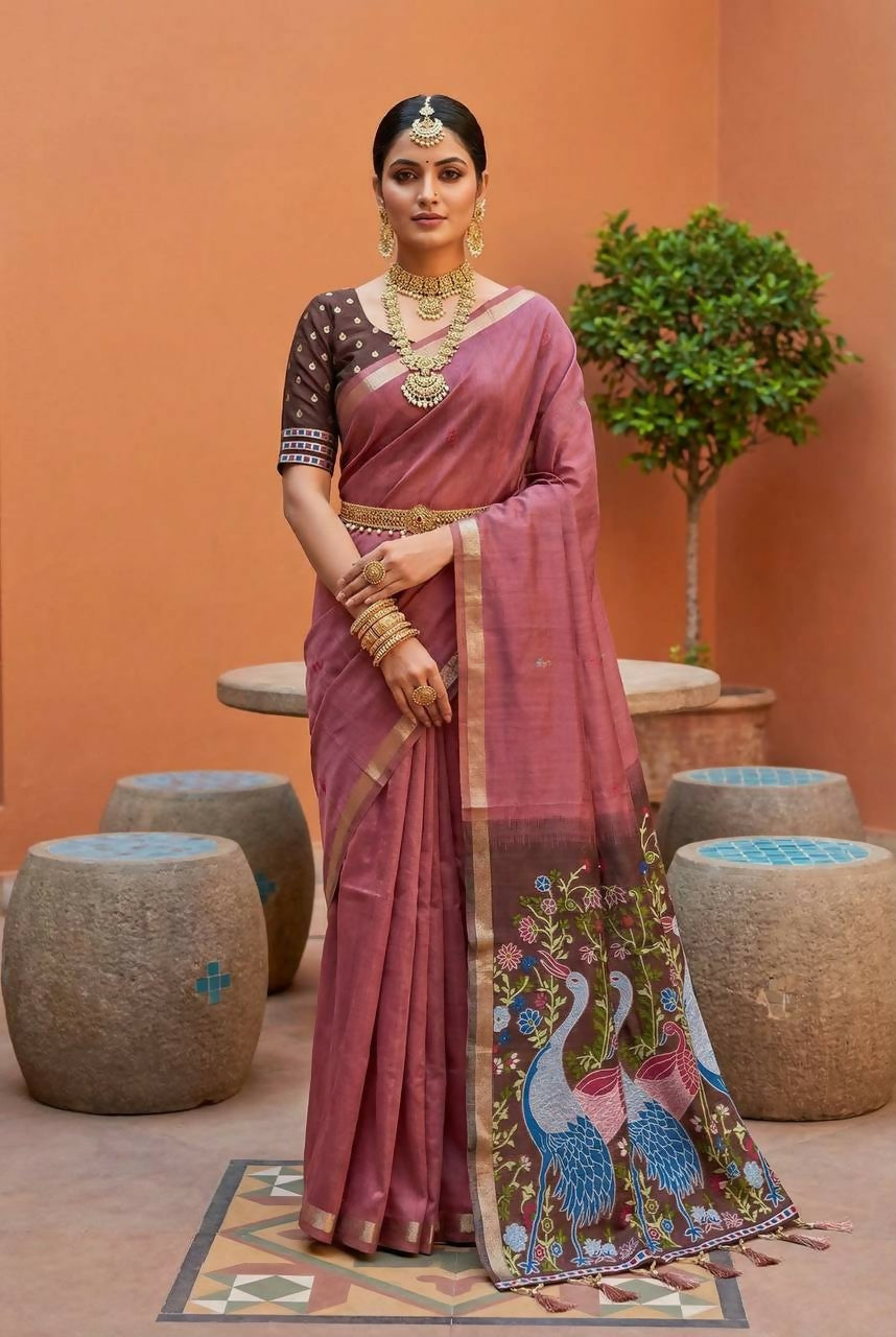 Vastranavya Mauve Muga Cotton Meenakari & Azarakh Pallu Saree with Contrast Blouse