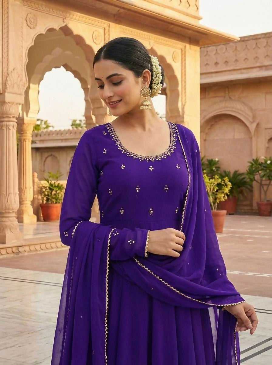 Teeya Creation Womens New Fancy Fox Georgette Heavy Quality Fabricw With Handwork Purple Gown Set