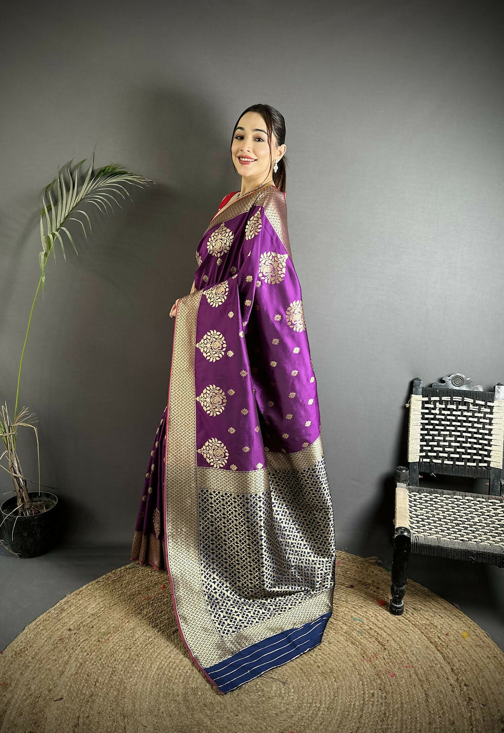 Joban Fashion Purple Woven Butti Soft Silk Banarasi Silk Saree