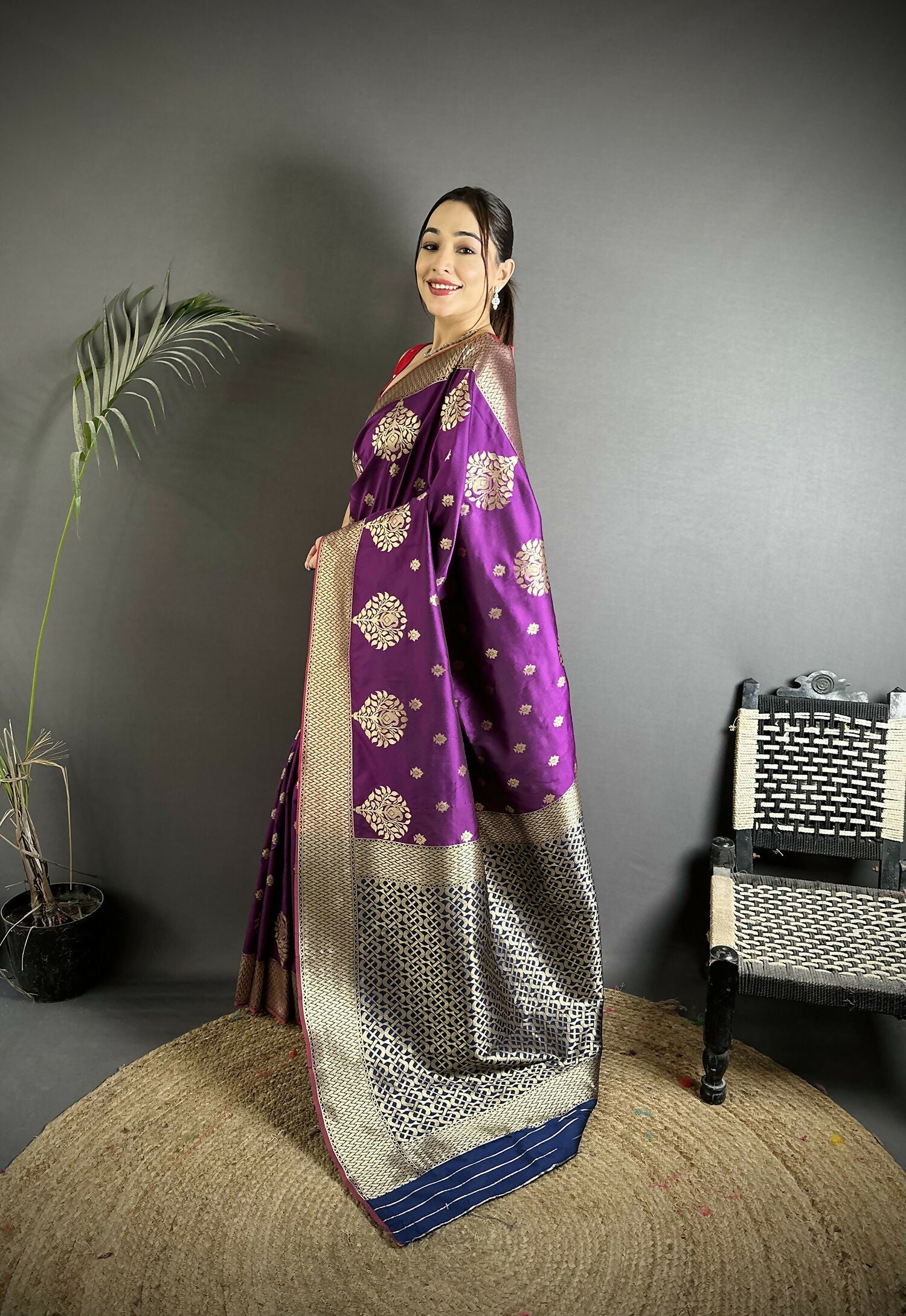 Joban Fashion Purple Woven Butti Soft Silk Banarasi Silk Saree