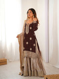 Lehenga Mart Designer Sharara Suit With Kurta, Sharara, Dupatta For Women-Brown