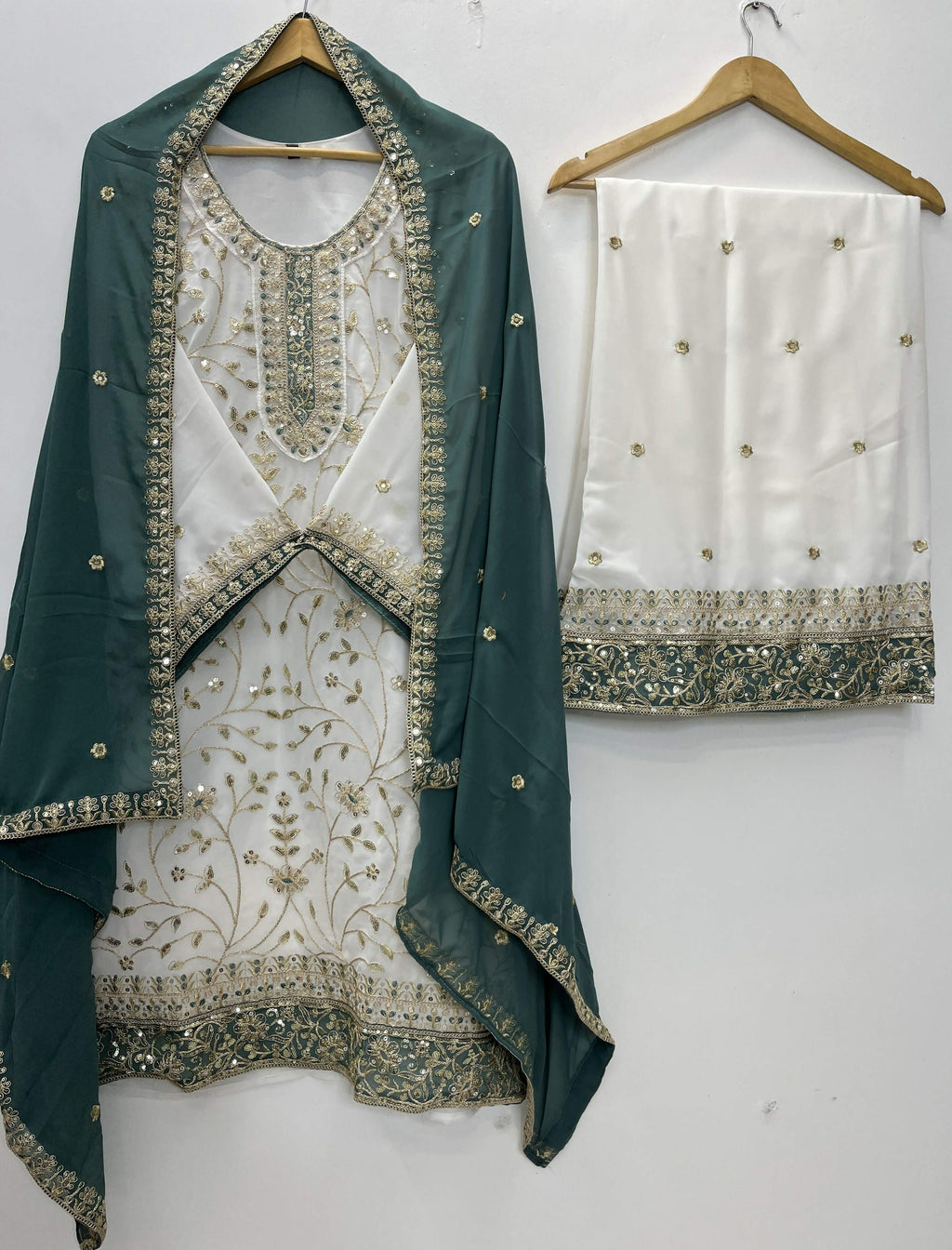 Teeya Creation White Color Faux Georgette Embroidery Work Long Party Wear Palazzo Suit