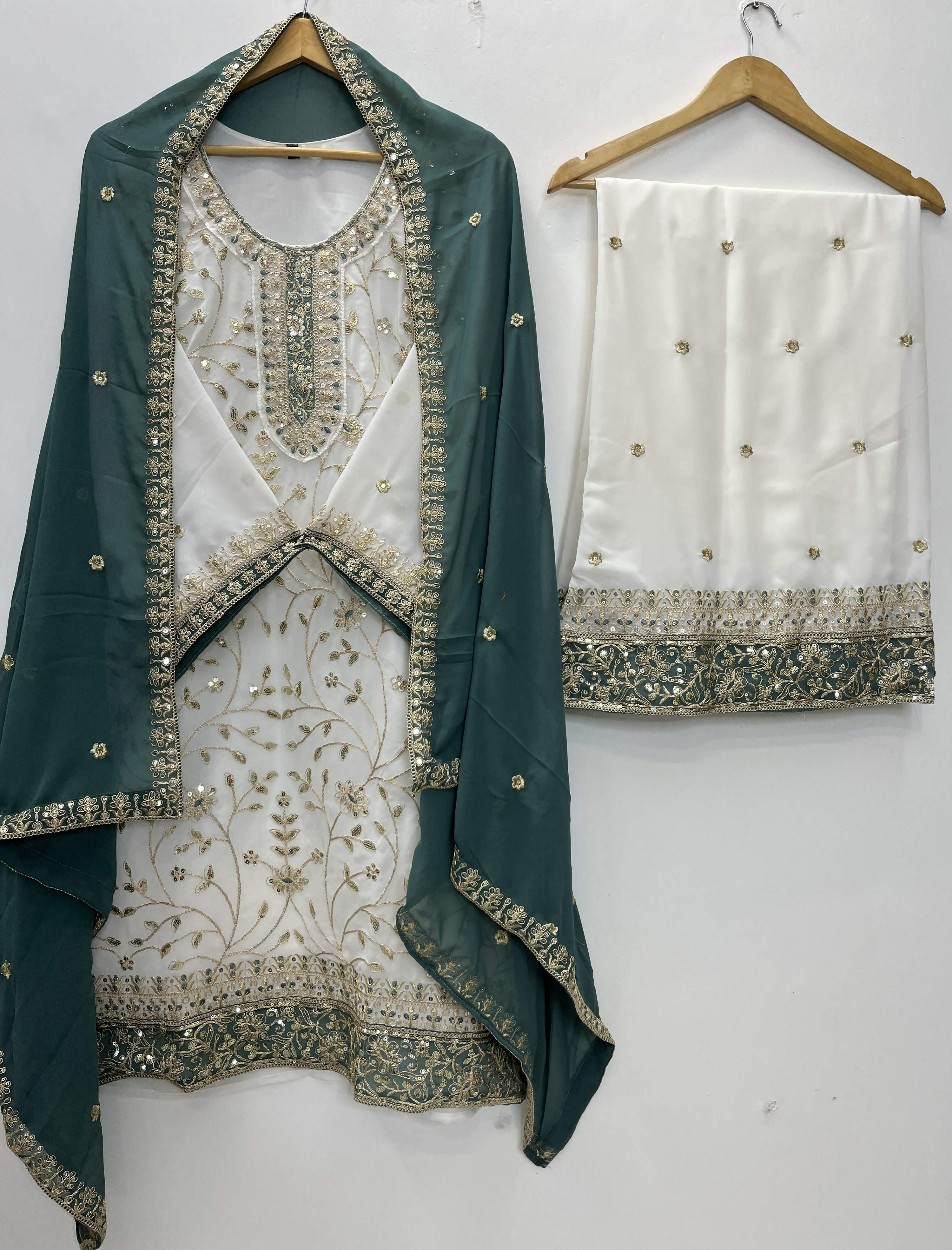 Teeya Creation White Color Faux Georgette Embroidery Work Long Party Wear Palazzo Suit