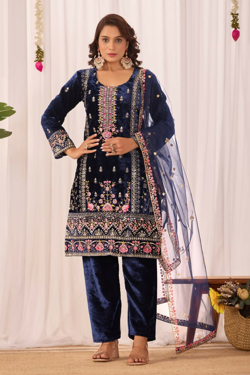 Joban Fashion Blue Kurta Set Velvet Embroidery Sequence Work