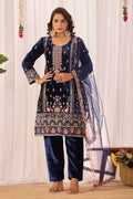 Joban Fashion Blue Kurta Set Velvet Embroidery Sequence Work