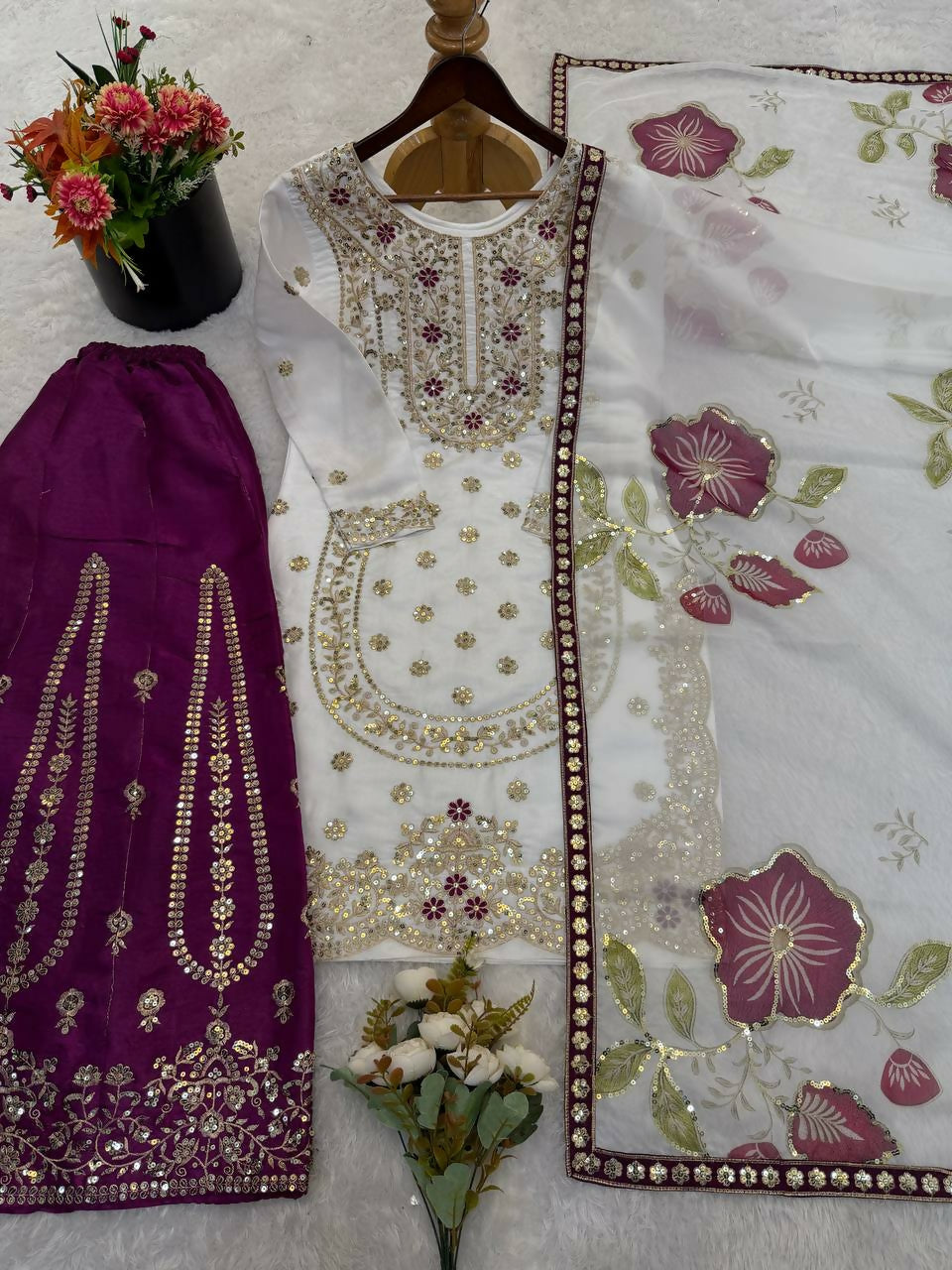 Teeya Creation Wine Gimmy Silk Designer Embroidery Work Wedding Wear Palazzo Pair