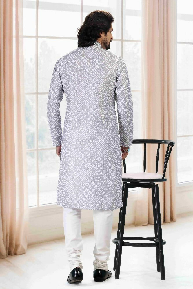 Raivat Ethnic Cotton Thread Work Kurta Pajama In Grey Colour