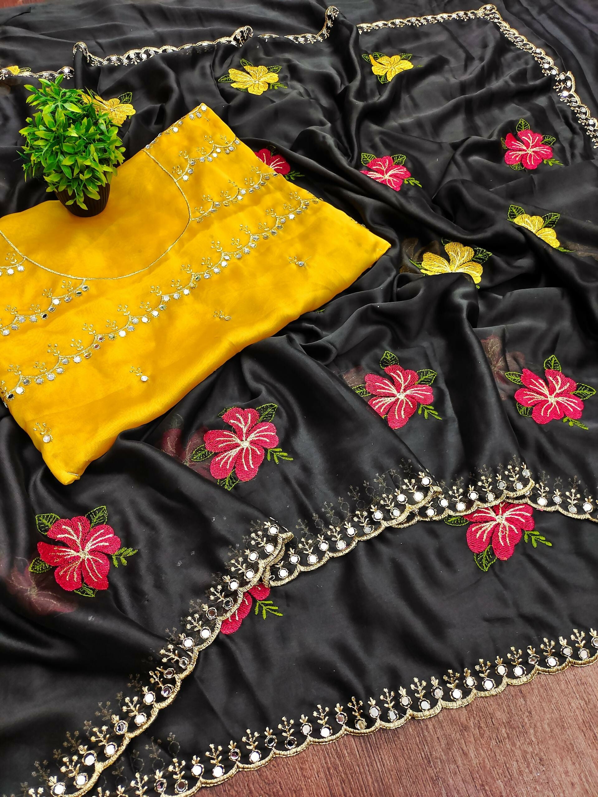 Teeya Creation Black Rangoli Silk Embroidery Work Party Wear Designer Saree