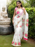 Prime Volt Women's White & Pink Floral Digital Print Soft Linen Saree With Gold Zari Border & Blouse