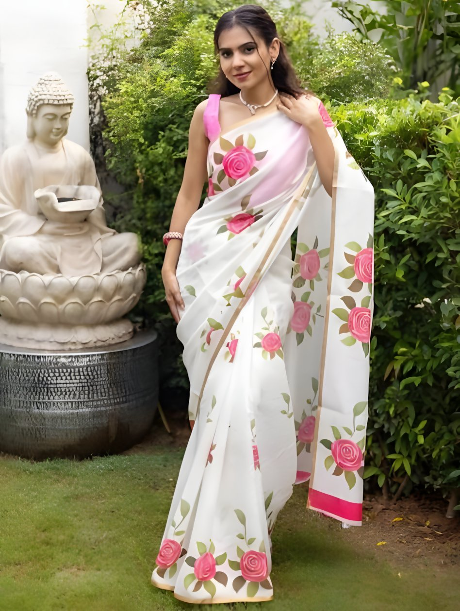 Prime Volt Women's White & Pink Floral Digital Print Soft Linen Saree With Gold Zari Border & Blouse